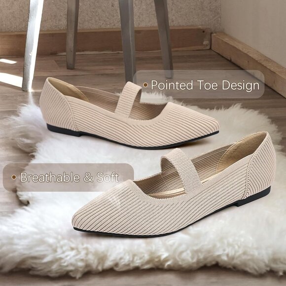 Women's Flats Shoes Pointed Toe Ballet Comfortable Dressy Mary Jane Flat Beige - Picture 3 of 6